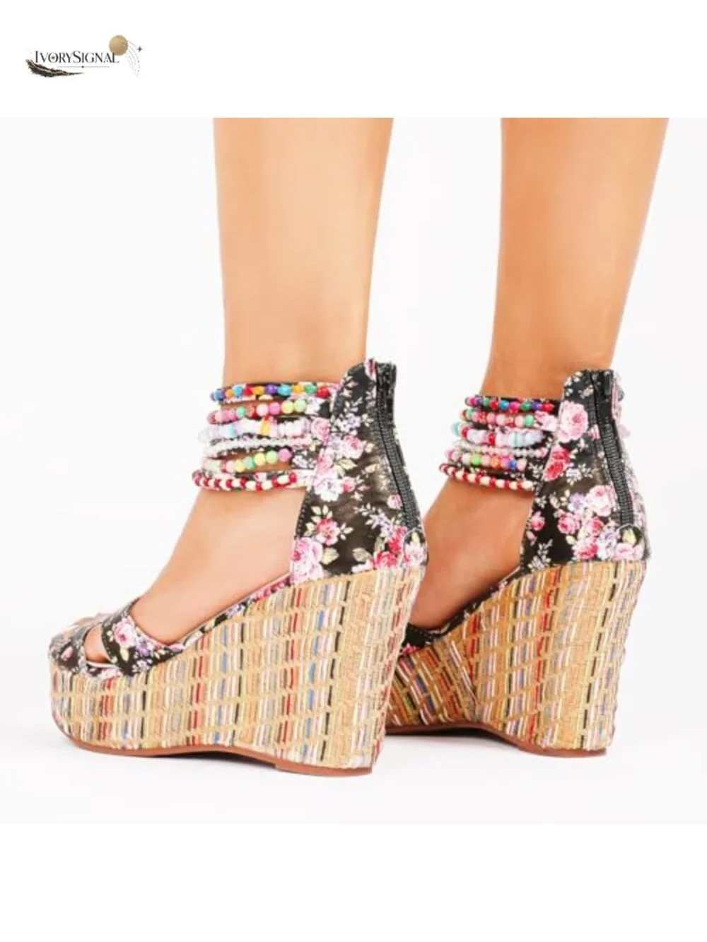 Women's Wedge Sandals with Pearls Platform High Heels Back Zipper